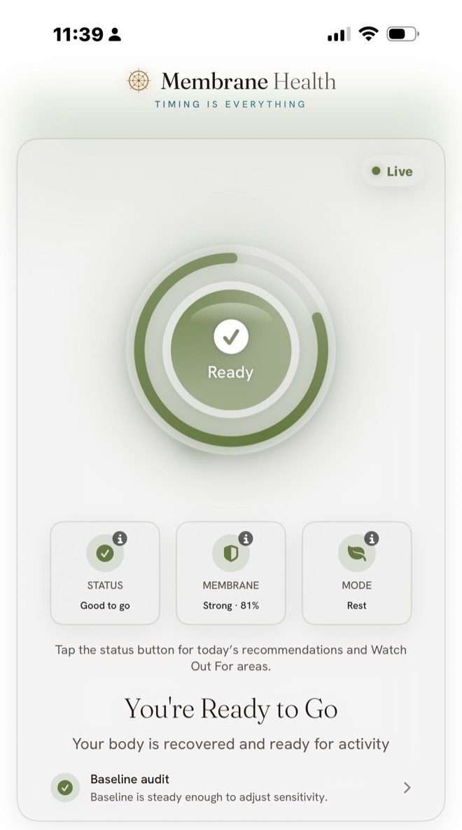 Membrane Health home screen in light mode: a 'Ready' status ring