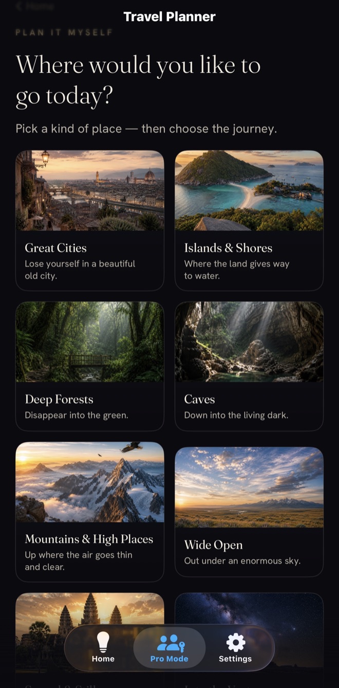 Travel Planner: 'Where would you like to go today?' — place categories including Great Cities, Islands & Shores, Deep Forests, Caves, Mountains and Wide Open